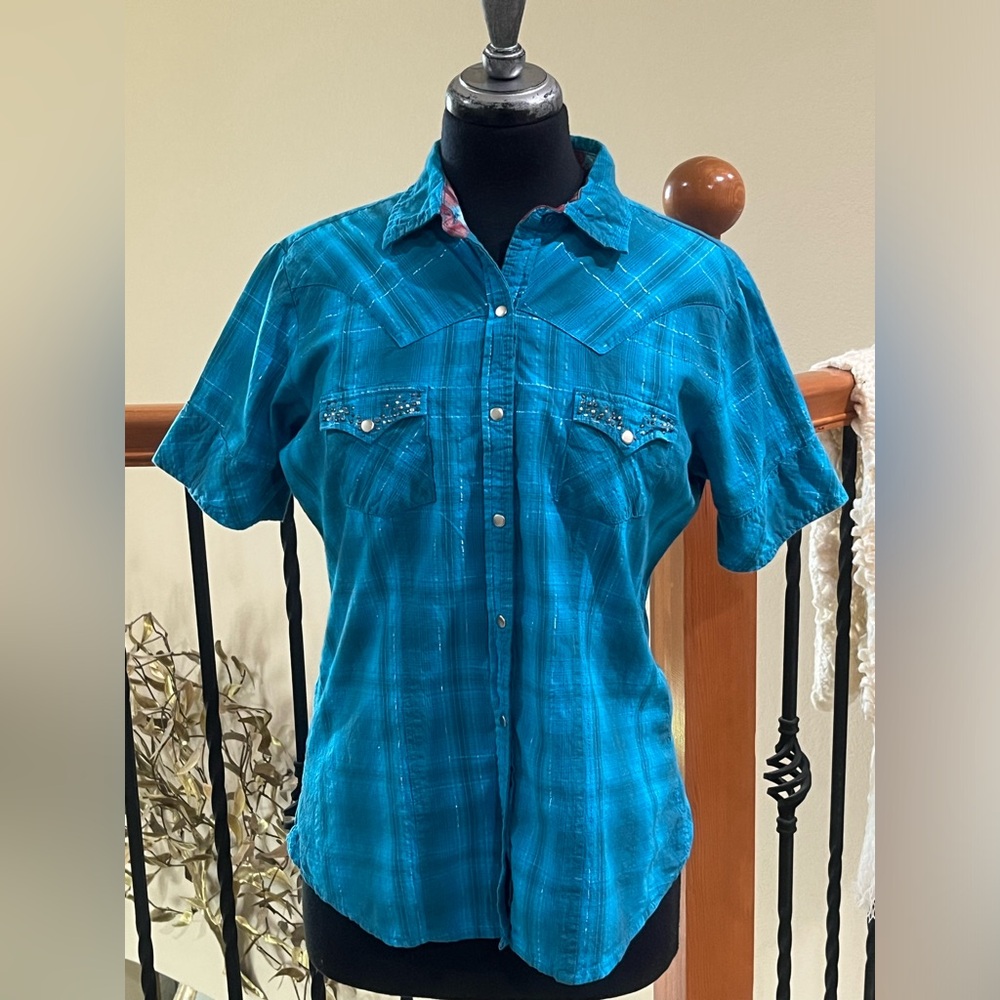 PANHANDLE SLIM Turquoise SHORT SLEEVE Plaid Snap-Front Western Shirt GIRL SIZE M - Picture 5 of 11